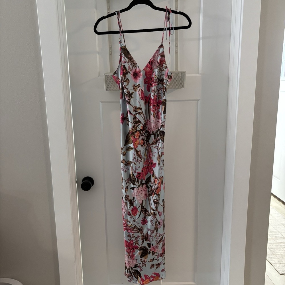 Victoria Secret Women's XS Slip Satin Blue Pink Floral Midi Dress EUC